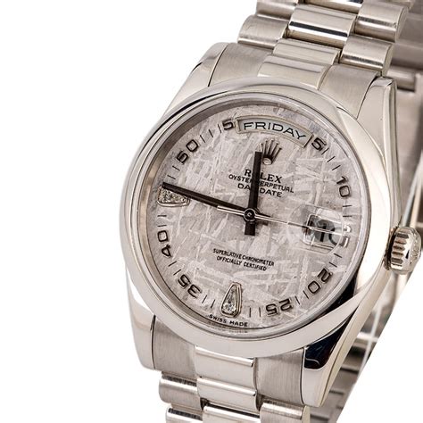 rolex 36mm mens day-date platinum president meteorite diamond 118206|Rolex platinum president bracelet.